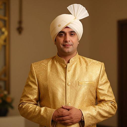 Photograph of a smiling South Asian man in a gold embroidered sherwani and white turban, standing indoors with hands clasped.