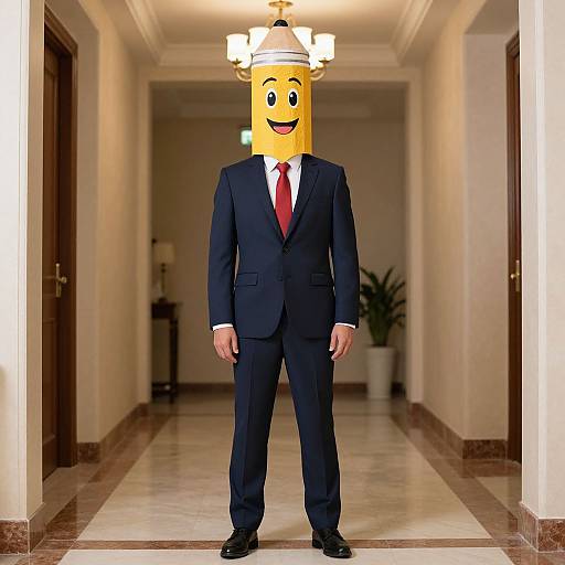 Photograph of a smiling yellow emoticon with black suit, red tie, and white shirt standing in a well-lit, beige hallway.