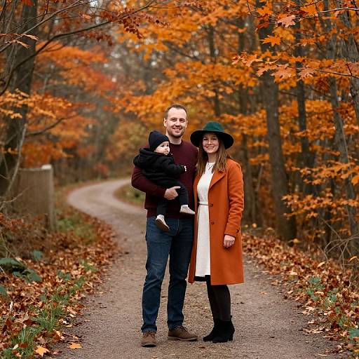 Photograph of a smiling family in autumn forest, man holding baby in dark coat, woman in orange coat and green hat, path lined with orange leaves