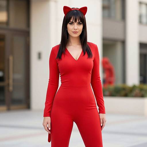 Photograph of a woman with long black hair, wearing a red jumpsuit and matching red bow headband, standing outdoors in front of a modern building
