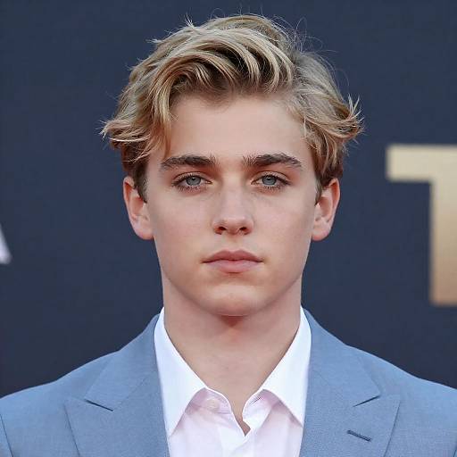 Young man in light blue suit with serious expression