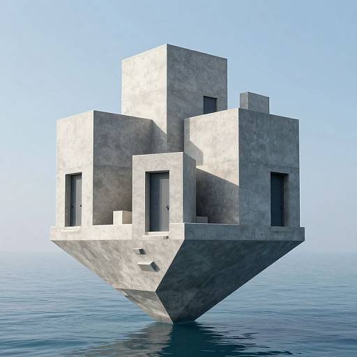 Digital rendering of a futuristic, geometric, concrete-like structure with sharp angles and rectangular windows, floating on calm blue water under a clear sky.