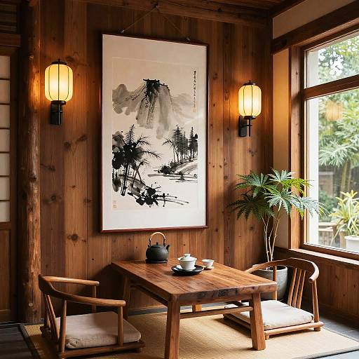 Cozy Room with Asian Ink Wash Art