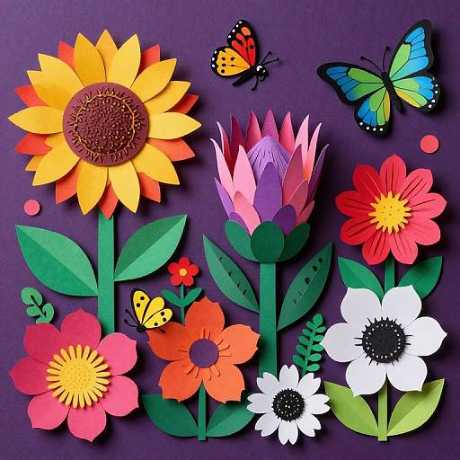 Bright, colorful paper-crafted flowers and butterflies on a dark purple background, featuring a sunflower, lotus, and various red, pink, orange