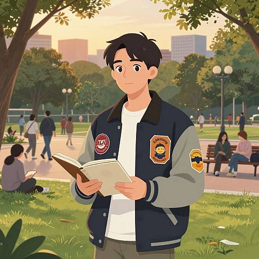 Anime-style digital drawing of a young man with short black hair, wearing a dark blue and gray varsity jacket, reading a book in a sunny park