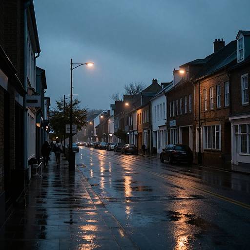 Photograph of a rainy urban street at dusk, wet pavement reflecting streetlights, blue-gray sky, row of brick and white buildings, parked cars,