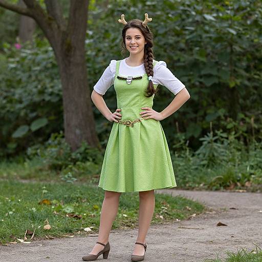 Photograph of a young woman with long brown hair in a braid, wearing a green dress, white shirt, deer antler headband, and