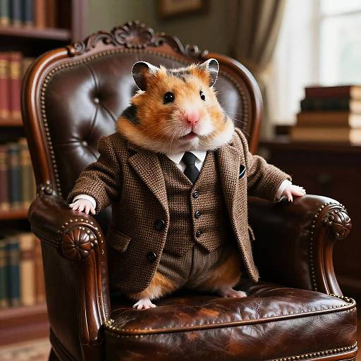 Photograph of a hamster in a brown tweed suit, black tie, sitting on a leather armchair in a library with bookshelves.