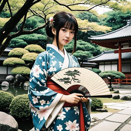 Young Woman in Kimono Holding Folding Fan in Japanese Garden