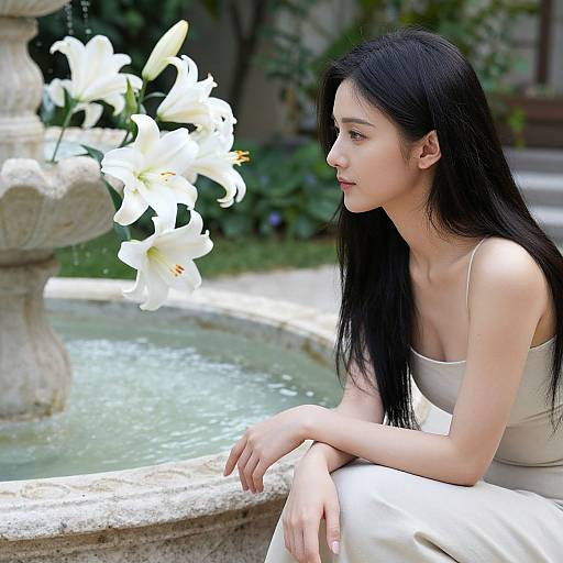 Elegant Woman by Garden Fountain