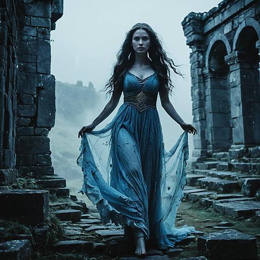 Ethereal Woman in Tattered Gown in Ancient Ruins