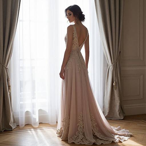 Photograph of a woman in a backless, lace-embellished, pink ball gown standing in front of bright sunlight through sheer curtains, with
