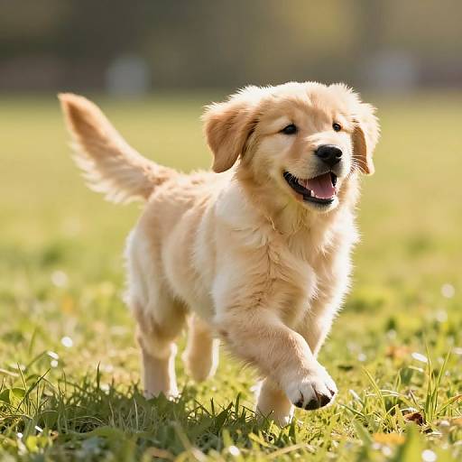 Photograph of a golden Retriever puppy joyfully running on a sunlit grassy field, with a playful, open-mouthed smile.