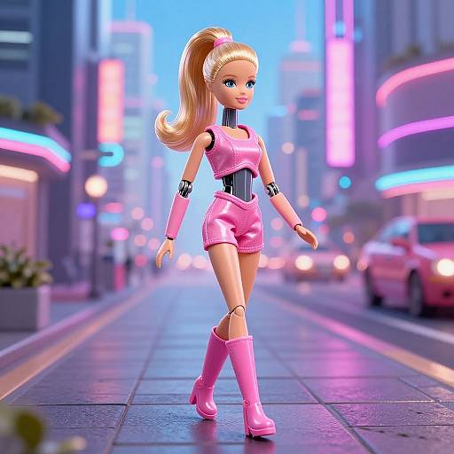 CGI image of a blonde, blue-eyed doll in pink outfit and boots walking on a neon-lit, futuristic city street.
