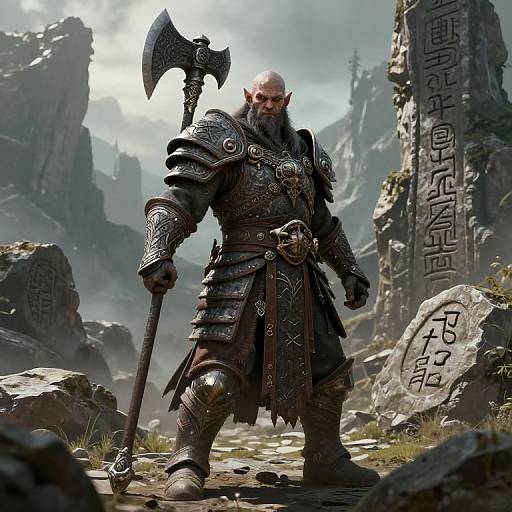 Photorealistic CGI of a bald, bearded Viking warrior with armor, holding an ornate axe, standing in a rocky, ancient, mystical landscape