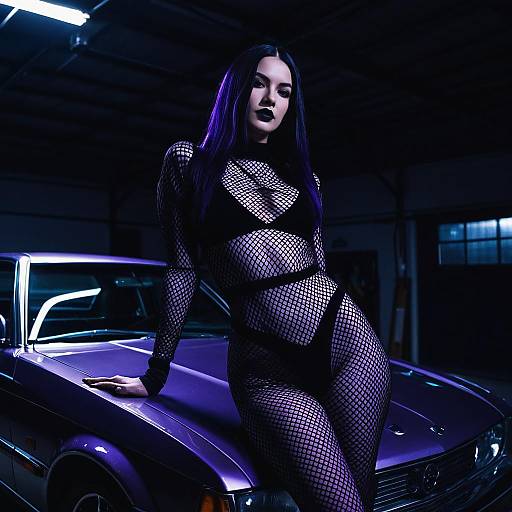 Gothic Woman in Fishnet Dress Posing on Purple Car