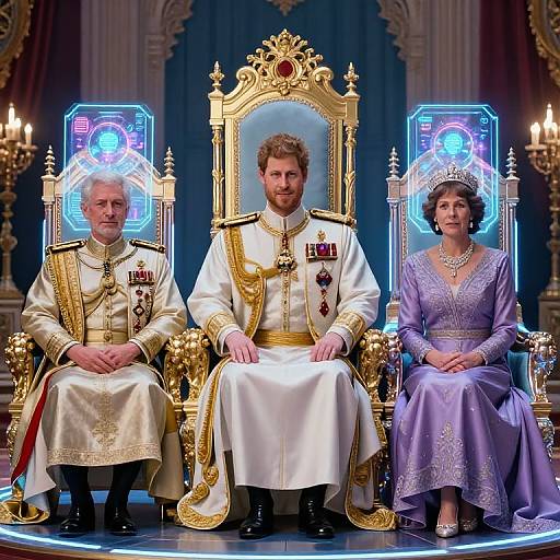 Photograph of a royal family: bearded man in white military uniform with medals, seated center on golden throne; elderly man in white uniform to left