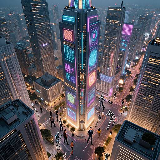 Digital CGI of a neon-lit, futuristic cityscape with towering skyscrapers featuring vibrant, colorful LED signs. Busy pedestrians walk below illuminated streets,
