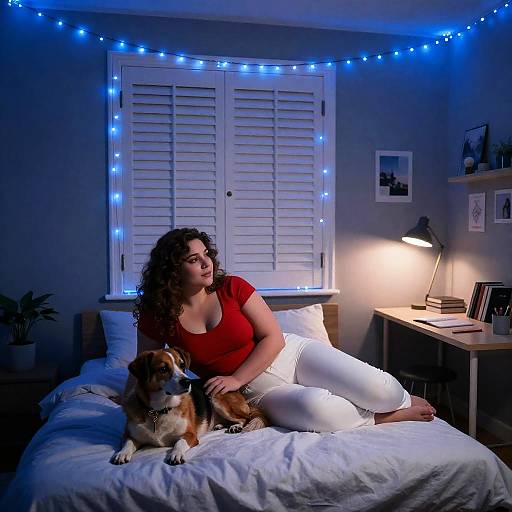 Cozy Bedroom Scene with Woman and Dog