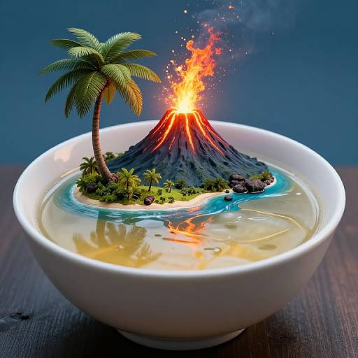 Photograph of a white bowl containing a miniature volcanic island with palm trees, erupting volcano, and blue-green water, against a dark blue background.
