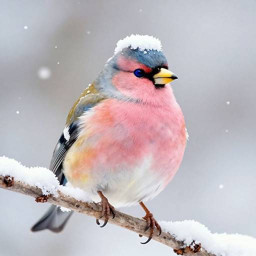 Photograph of a colorful pink and blue male Common Rosefinch perched on a snow-covered branch, with a blurred snowy background.