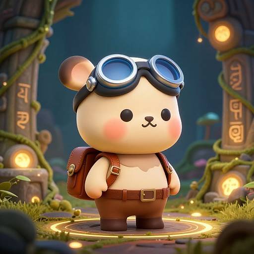 Cute CGI panda with goggles, brown backpack, and pants stands on glowing circle in enchanted forest, surrounded by glowing runes.