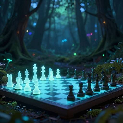 Photograph of a glowing blue-lit chessboard in a dark, enchanted forest with illuminated chess pieces and colorful lights in the background.