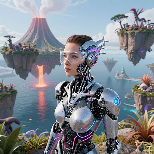 CGI image of a futuristic cyborg woman with metallic silver and blue armor, transparent visor, standing in a vibrant, sci-fi island landscape with