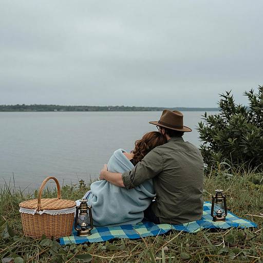 Couple Sitting by Lake on Picnic Blanket