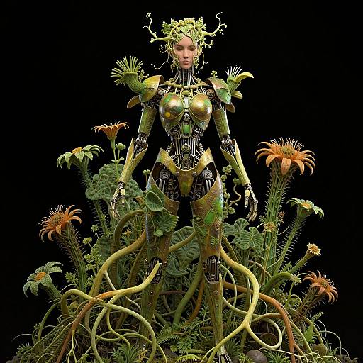 Digital CGI of a humanoid robot with golden armor and green leafy vines, standing amidst orange flowers with intricate roots, against a black background.