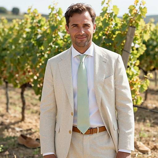 Photograph of a middle-aged man in a beige suit, white shirt, light green tie, standing in a sunlit vineyard.
