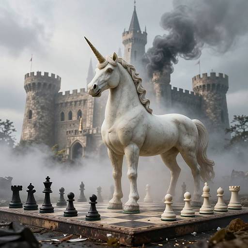 Photorealistic CGI: White unicorn standing on chessboard with black and white pieces, medieval castle with smoke in background, misty atmosphere.