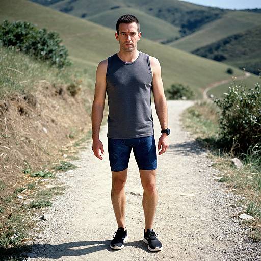Photograph of a muscular, fair-skinned man with short dark hair, wearing a gray tank top, black shorts, and black shoes, standing on