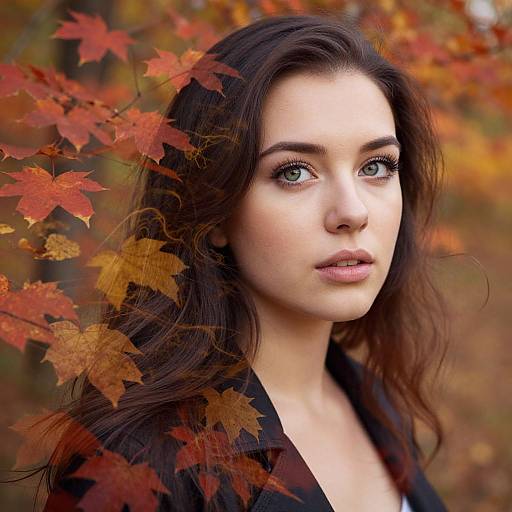 Photograph of a fair-skinned woman with long, dark brown hair and green eyes, standing amidst autumn leaves with vibrant red and orange foliage, wearing