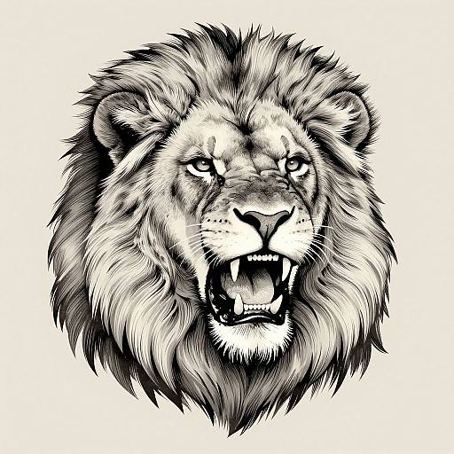 Black-and-white digital drawing of a roaring lion with detailed fur, intense eyes, and open mouth, centered on a white background.