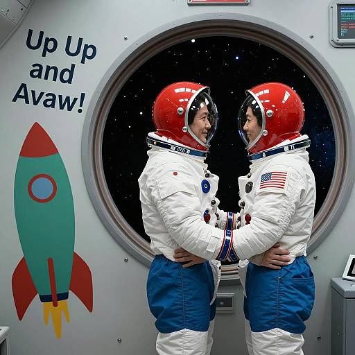 Astronauts in Spacecraft Embracing