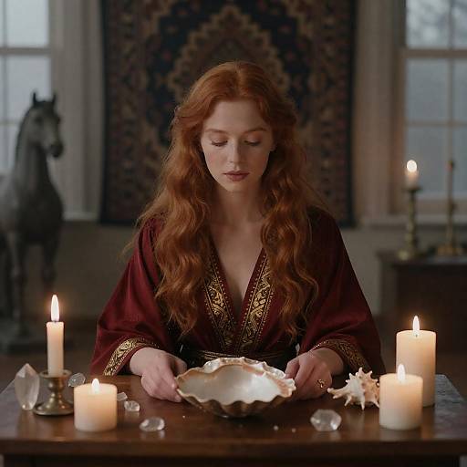 Red-Haired Oracle at Candlelit Table
