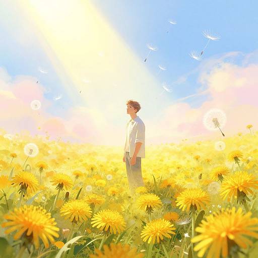 Digital artwork of a young man in a white shirt standing in a vibrant yellow dandelion field under a bright blue sky with flying birds.