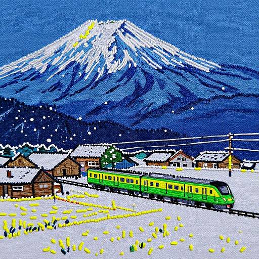 Digital painting of a green train passing through a snowy village with Mount Fuji in the background, under a blue, starry sky. Bright, blocky