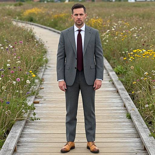 Photograph of a handsome, bearded man in a gray suit, white shirt, maroon tie, and brown shoes standing on a wooden path through