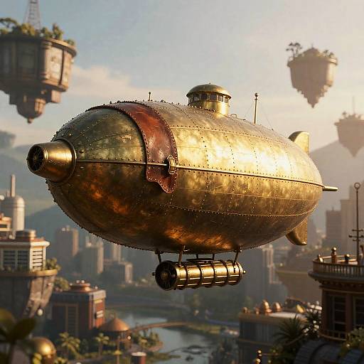Riveted Brass Airship Over Floating Metropolis
