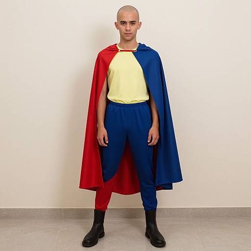 Photograph of a bald, young man in a yellow shirt, blue pants, black boots, and a red and blue superhero cape.