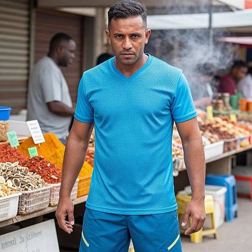 Photograph of a muscular South Asian man in a blue mesh shirt and shorts, standing at a spice market stall with steam rising, blurred background with other