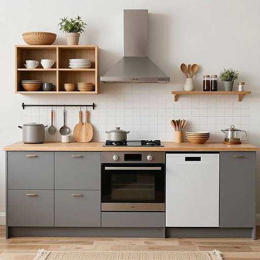 Modern kitchen photograph with gray cabinets, wooden countertop, white tiled backsplash, stainless steel oven, wooden shelves, potted plants, and utensils