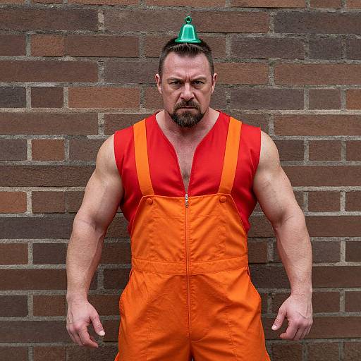 Muscular man with short dark hair and beard, wearing bright orange overalls with red straps, and a green cone hat, stands against a brick wall