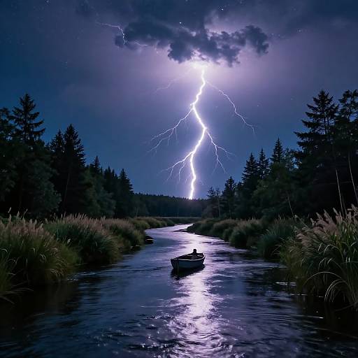 Photograph of a serene forest river at night, illuminated by a bright, jagged lightning bolt above, with a lone canoe floating in the reflective water