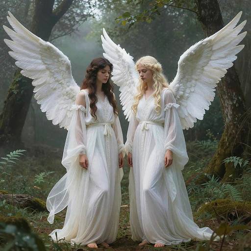 Realistic Angels in Misty Forest
