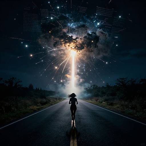 Silhouetted figure with umbrella walks down dark road, illuminated by brilliant, starry explosion in night sky. Digital art.