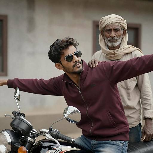 Young man on motorcycle with older man behind