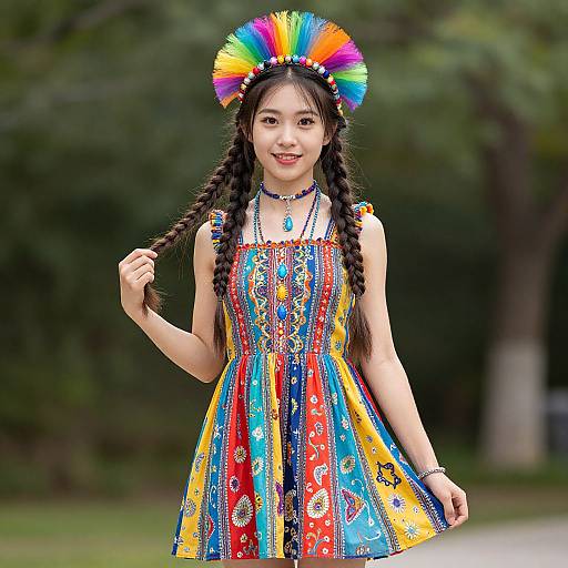Photograph of an Asian woman with braided hair, wearing a colorful, patterned dress and rainbow headpiece, standing outdoors in a green, blurry